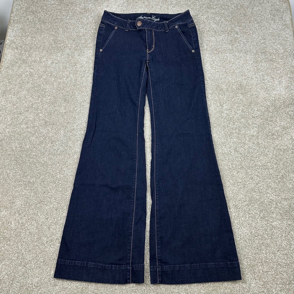 American Eagle Y2k Trouser Jeans Womens 6 Dark Wash Wide Leg Flare Denim Indigo